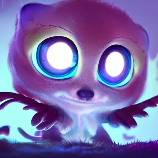 Image similar to adorable glowing creature, trending on artstation, cute, big eyes, matte painting, concept art, pixar, disney, highly detailed, cinematic composition, unreal engine, 3 d rendered in octane