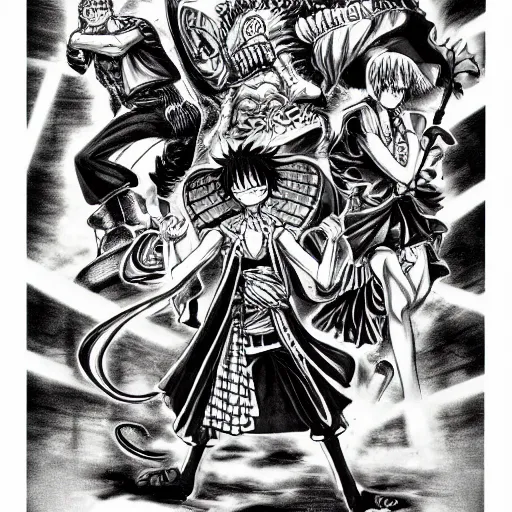 Image similar to One Piece, 1997 , artwork by kentaro miura, Kentaro Miura style, Berserk Style, High details, centered full body pose, zenith angle, dramatic lighting, concept, manga, black and white ink style, a lot of details with ink shadows