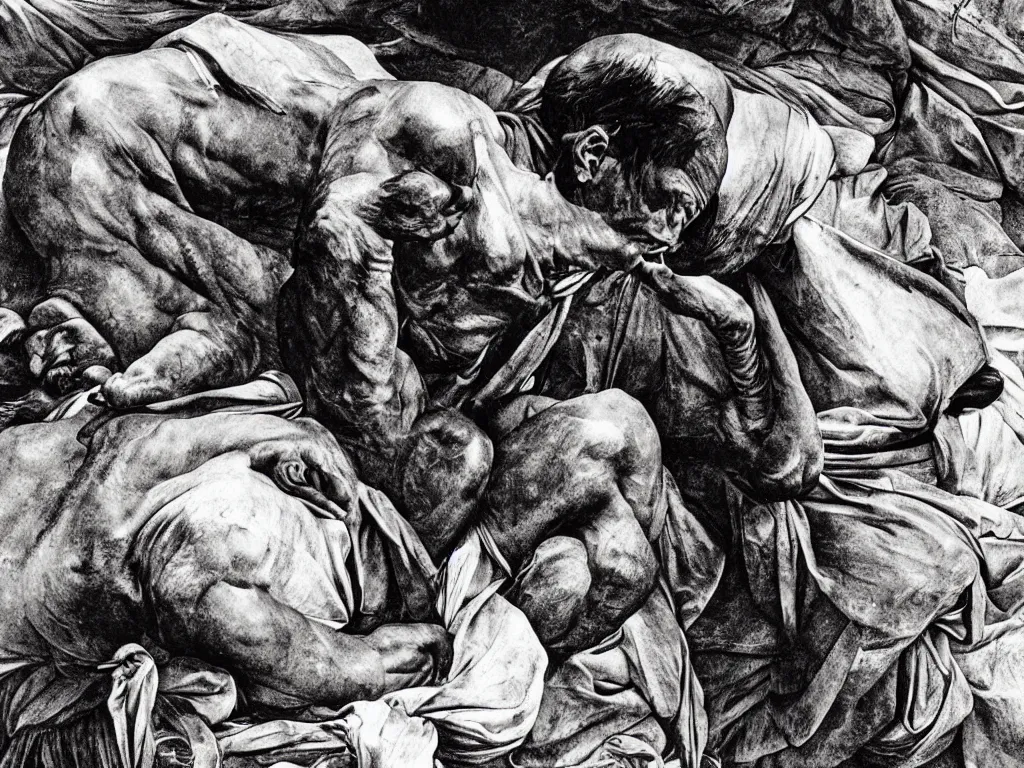 Prompt: The tired, sweaty, muscular worker of the gold mines. Painting by Caravaggio, Sebastiao Salgado