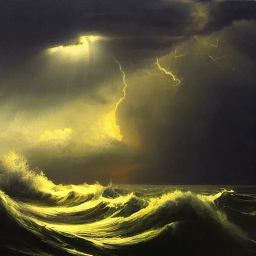 Image similar to This painting depicts a storm scene with thunder and lightning. The dark grey clouds, illuminated with electric light, swirl around the sun, which is painted bright orange. The sea is dark, and roils angrily as the storm rages. You can just make out the silhouette of a ship, being tossed by the waves, and headed towards the rocky coastline