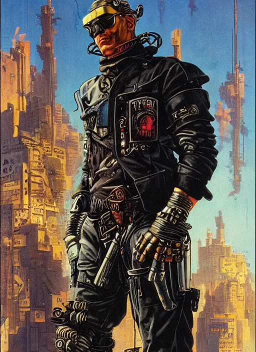 Image similar to cyberpunk mercenary. portrait by clyde caldwell and jean giraud and anton otto fischer and john philip falter and will eisner and gil elvgren