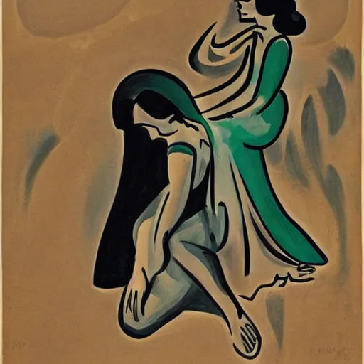 Image similar to This illustration was painted in 1937 during the Guerra Civil Española. The woman in the illustration is weeping for her dead husband. She is wearing a black dress and a black veil. Her face is distorted by grief. The illustration is dark and somber. Navajo green, illuminated codex gilded by Ossip Zadkine dismal