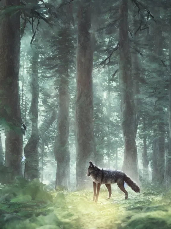 Prompt: a wolf walking through a forest. soft lighting. 8 k, octane render. by makoto shinkai, stanley artgerm lau, wlop, rossdraws, james jean, andrei riabovitchev, marc simonetti, krenz cushart, sakimichan, d & d trending on artstation, digital art.