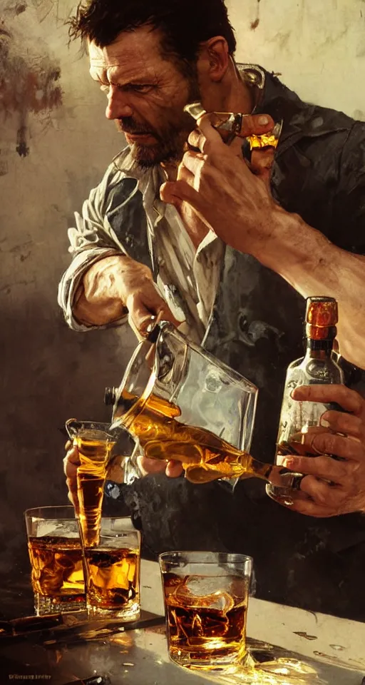 Image similar to close up of bloodied max payne pouring whisky, sun shining, photo realistic illustration by greg rutkowski, thomas kindkade, alphonse mucha, loish, norman rockwell.