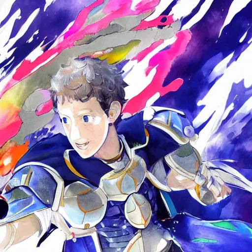 Image similar to concept art of mark zuckerberg as a fire emblem character, colour splash, detailed full body watercolour illustration by Yusuke Kozaki and Hidari