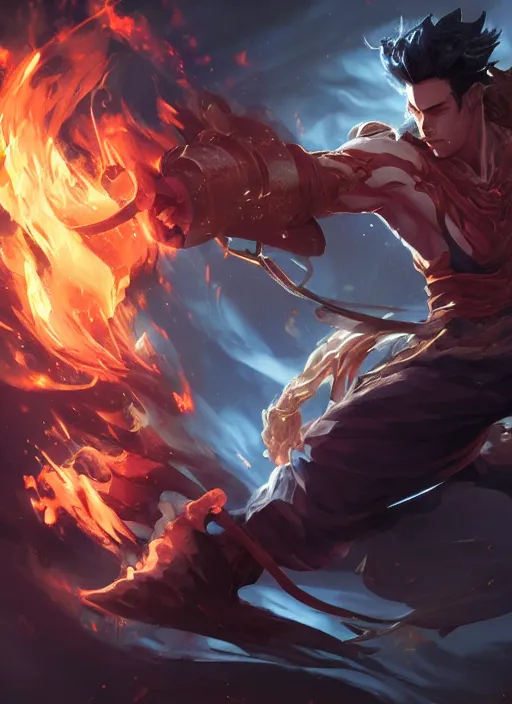 Prompt: beautiful male with fire and thunder magic, attarctive man, anime key visual, highly detailed, sharp focus, concept art, league of legends, style by shumolly and monable and artgerm and greg rutkowski and jo chen and pilyeon and ruan jia