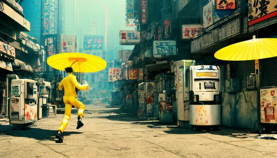 Prompt: incredible wide screenshot, ultrawide, simple watercolor, rough paper texture, anime movie scene, backlit distant shot of robot cowboy running away from the troubles of life, side view, yellow parasol in deserted dusty shinjuku junk town, broken vending machines