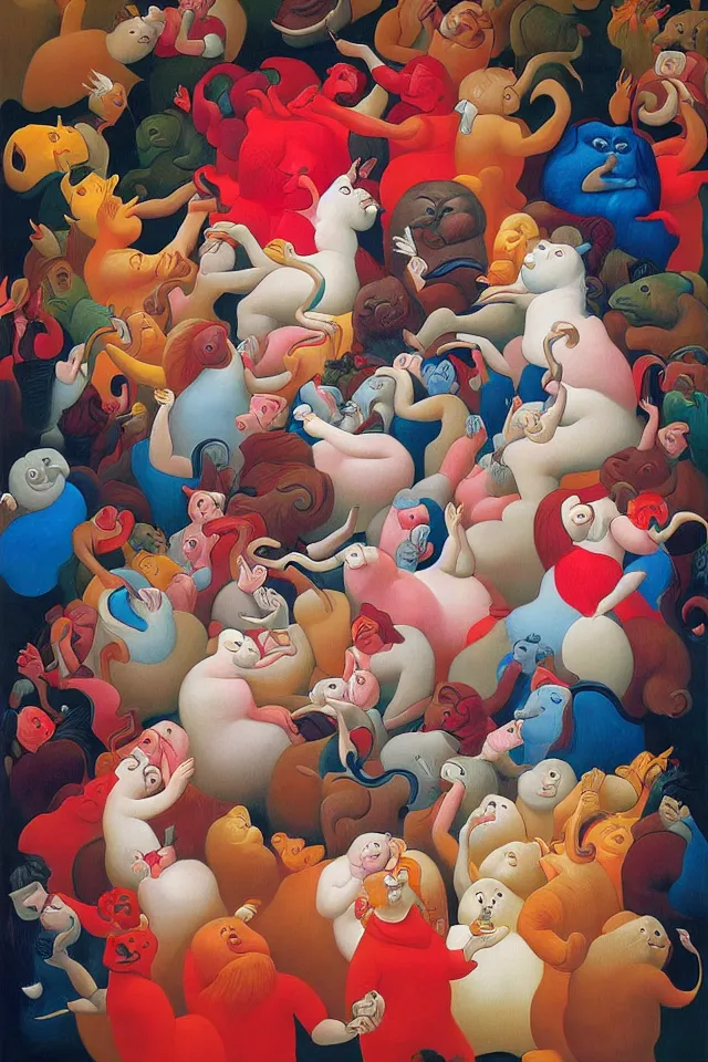 Image similar to painting animal puppet head banging groove is in the heart, we're going to dance and have some fun, painted by james jean and fernando botero