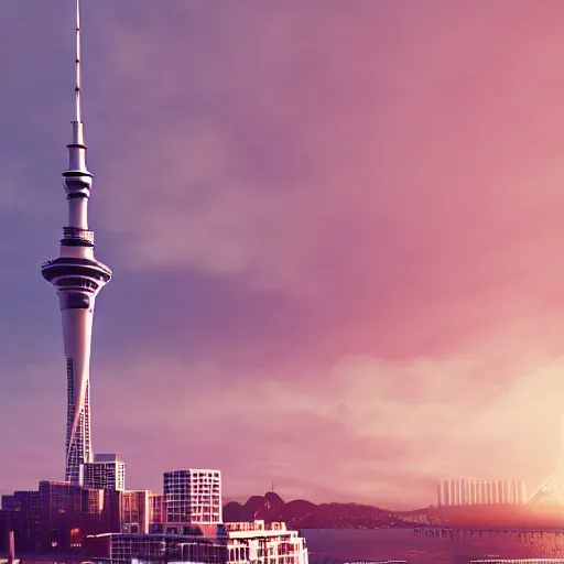 Image similar to auckland city and sky tower and harbor bride utopian, dynamic lighting, cinematic composition, artstation, octane render, ayan nag