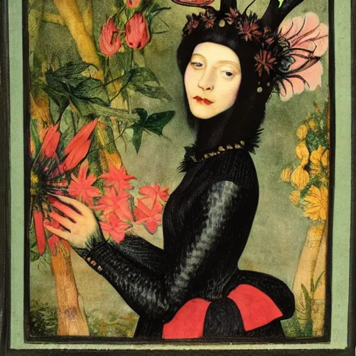 Image similar to portrait of a harpy girl with antlers changing into a flower in a botanical garden, fashion editorial by hans holbein, alexej von jawlensky, clifford judson huss, full body