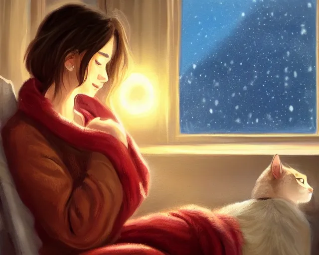 Prompt: a beautiful warm fuzzy painting of a woman curled up with a blanket, petting a cat who is purring with eyes closed. they are both sitting next to a window watching the sun set in winter. trending on artstation, concept art, lofi, digital illustration