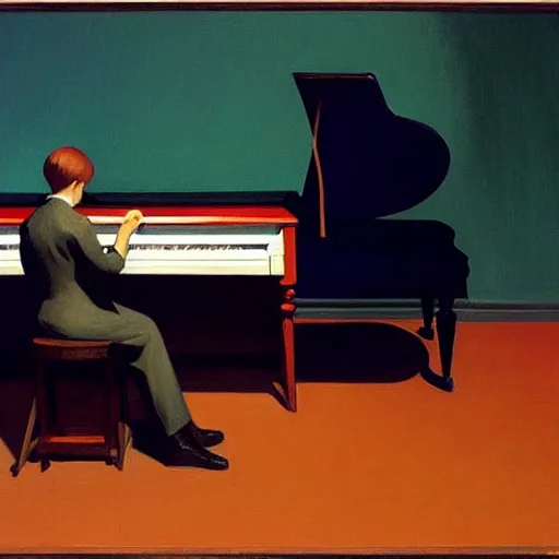 Image similar to painting of a piano player. by edward hopper and james gilleard