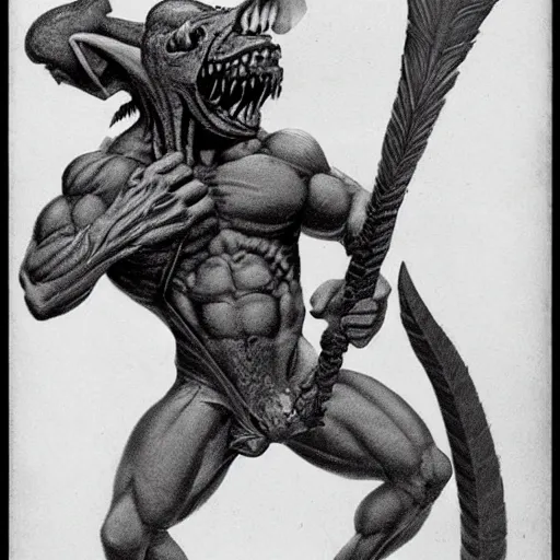 Image similar to dog-faced muscular goblin, ugly face, lizard tail, holding scimitar made of bone, hyper-detailed, primeval fantasy, prehistoric fantasy, drawn by Frank Frazetta