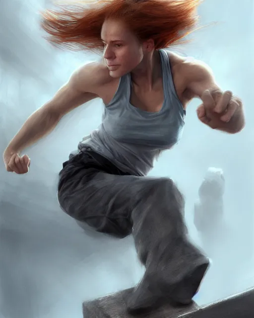 Prompt: female parkour, perfect face, halter top, ginger hair, grey eyes, cinematic, stunning, agile, highly detailed, digital painting, artstation, smooth, hard focus, illustration, art by jessica rossier and and brian froud