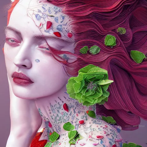 Image similar to the portrait of an absurdly beautiful, graceful, elegant, sophisticated, chaste woman made of strawberries and green petals looking up, an ultrafine hyperdetailed illustration by kim jung gi, irakli nadar, intricate linework, bright colors, octopath traveler, final fantasy, unreal engine 5 highly rendered, global illumination, radiant light, detailed and intricate environment