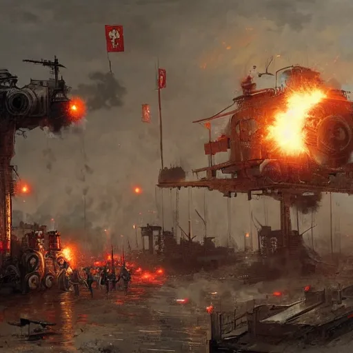 Image similar to gigantic steampunk war agains communist machine, war scene, explosions, jakub rozalski