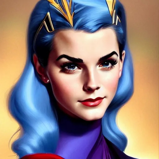 Prompt: A combination of Grace Kelly's and Emma Watson's and Victoria Justice's faces with blue hair as She-Ra, western, D&D, fantasy, intricate, elegant, highly detailed, digital painting, artstation, concept art, matte, sharp focus, illustration, art by Artgerm and Greg Rutkowski and Alphonse Mucha