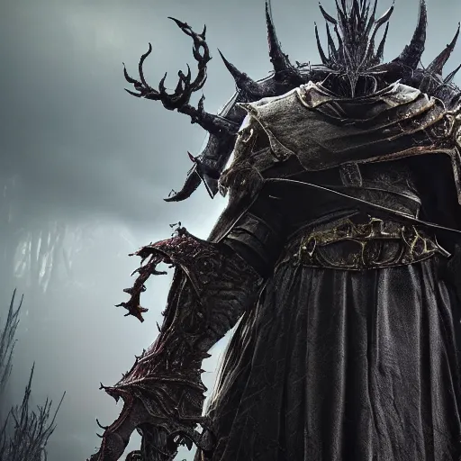 Image similar to the true elden lord, fromsoftware, elden ring, dark souls, bloodborne, dark fantasy, realistic, highly detailed, 8 k, volumetric lighting, sinister lighting, detailed facial features