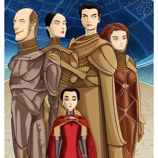 Prompt: family portrait of duke leto atreides, lady jessica and paul atreides, dune, futuristic palace, aristocratic, space opera, in the style of yamato - e, tosa school, tosa mitsuoki, iwasa matabei, awataguchi takamitsu.