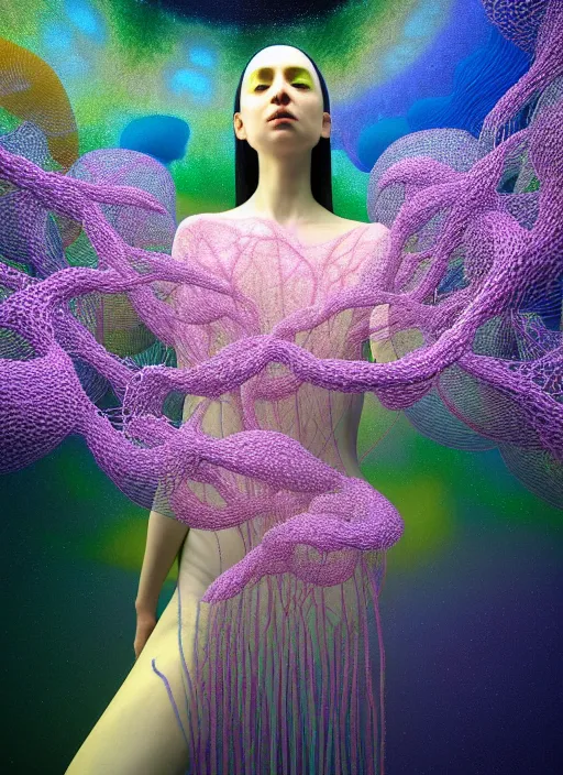 Image similar to hyper detailed 3d render like a painting - Aurora (Singer) seen Eating of the Strangling network of yellowcake aerochrome and milky Fruit and Her delicate Hands hold of gossamer polyp blossoms bring iridescent fungal flowers whose spores black the foolish stars by Jacek Yerka, Mariusz Lewandowski, Houdini algorithmic generative render, Abstract brush strokes, Masterpiece, Edward Hopper and James Gilleard, Zdzislaw Beksinski, Mark Ryden, Wolfgang Lettl, hints of Yayoi Kasuma, octane render, 8k