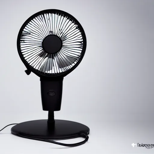 Prompt: desk fan with a tube attached to the back going all the way up to the cealing but not attached to the ceiling, professional photography, studio lighting