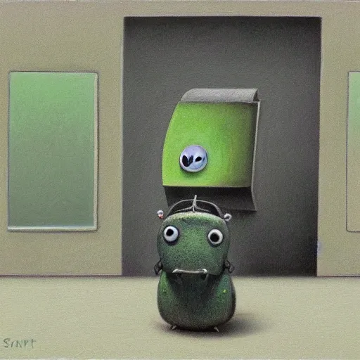 Prompt: A green beetle in a business suit working in a small grey cubicle, by Shaun Tan