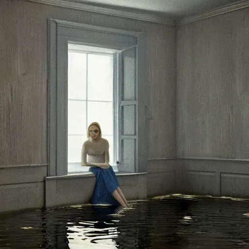 Image similar to octane render of Elle Fanning in a flooded house interior, by Edward Hopper and Andrew Wyeth, extremely detailed masterpiece