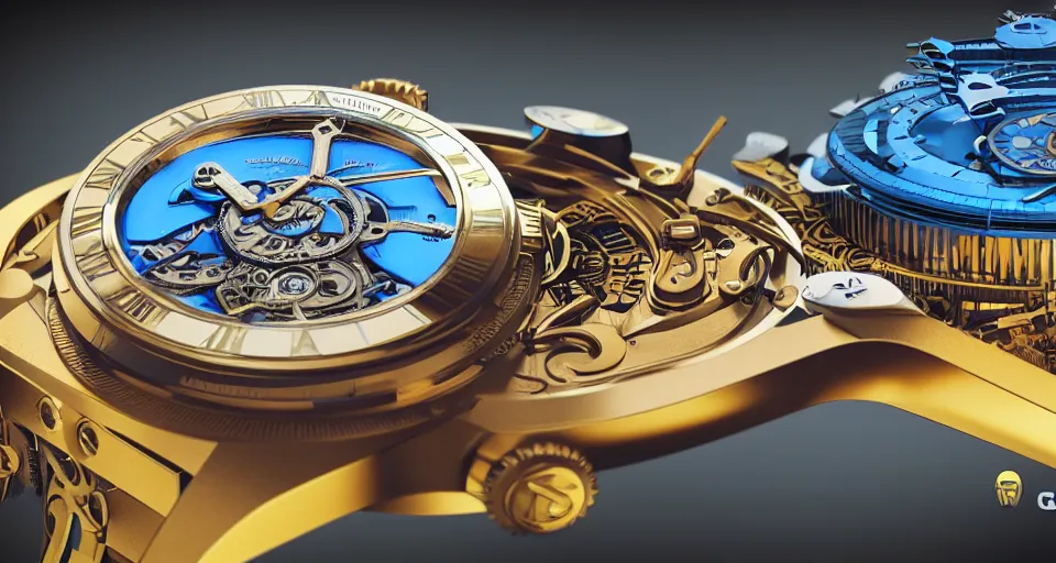 Prompt: complex 3 d render of a futuristic steampunk watch lying on a table, high detail, sharp focus, glowing blue interior components, fractal detail, depth of field, bokeh, cinematic lighting and composition, octane render, film grain, by syd mead and greg rutkowski and android jones, rolex