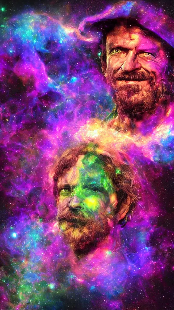Prompt: terrance mckenna protrait in a nebula with fractals and mushrooms, vivid psychadelic colorful purple, 8 k, high deatil, artstationhd, smoke mirrors