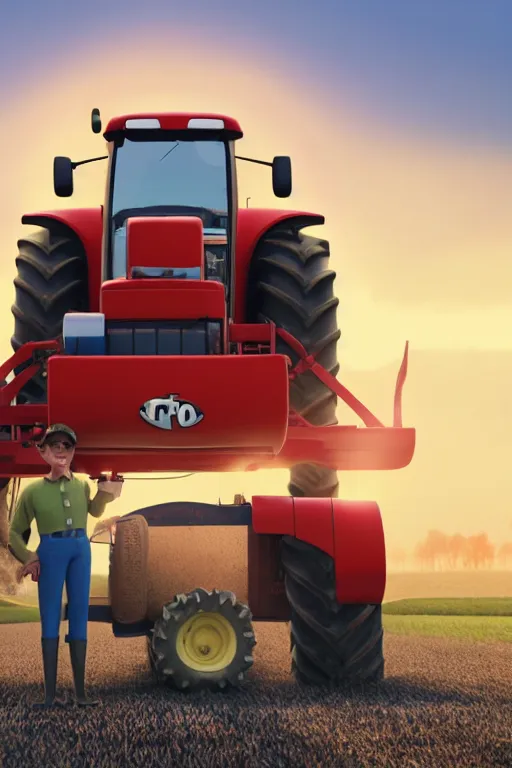 Image similar to film still of a pixar movie with a dutch farmer on a tractor on the highway, glamour pose, dramatic lighting, octane, volumetric lighting, 8 k