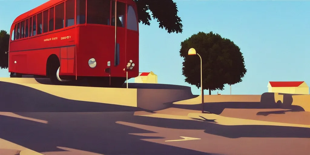 Image similar to a gigantic crab attacks a bus, blue sky, summer evening, kenton nelson