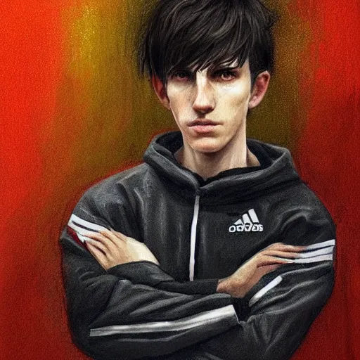 Image similar to Portrait of a man by Greg Rutkowski, he is about 18 years old, british, short black hair with bangs, young, pale, tall and slim, tired look, he's wearing a black adidas tracksuit, highly detailed portrait, scifi, digital painting, artstation, concept art, smooth, sharp foccus ilustration, Artstation HQ