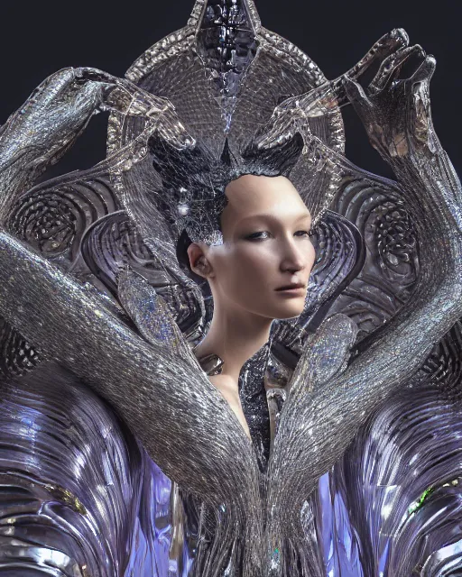 Prompt: a highly detailed metahuman 4 k close up render of an alien goddess bella hadid monument vampire in iris van herpen dress schiaparelli in diamonds crystals swarovski and jewelry iridescent in style of alphonse mucha gustav klimt trending on artstation made in unreal engine 4