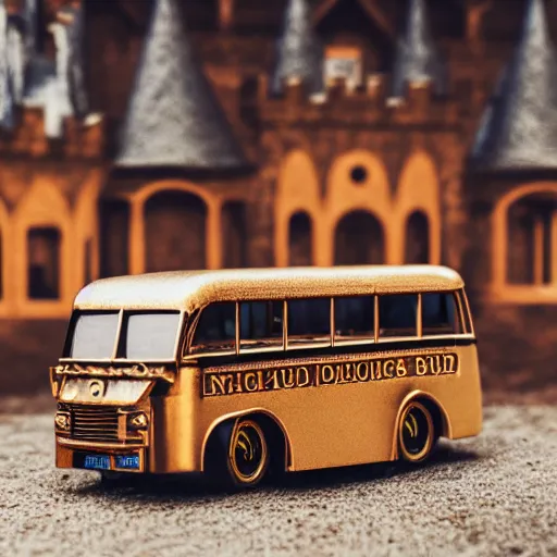 Prompt: 3 5 mm photo of metallic bronze and wood medieval bus like hot wheels model with a castle as background, epic cinematic, epic lighting