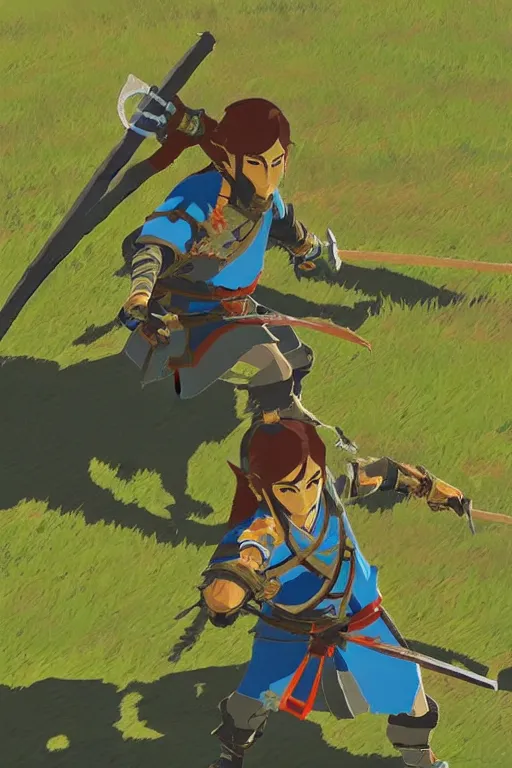 Prompt: in game footage of a samurai from the legend of zelda breath of the wild, breath of the wild art style.