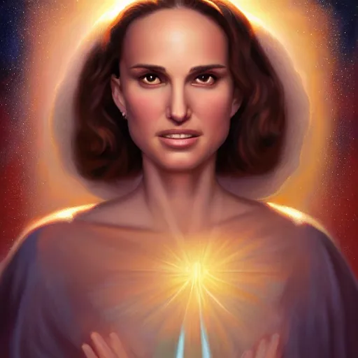 Prompt: a painting of Natalie Portman as the Messiah by Ross Tran, Bruce Timm and Vladimir Kush, highly detailed digital art, holy aura, serene expression