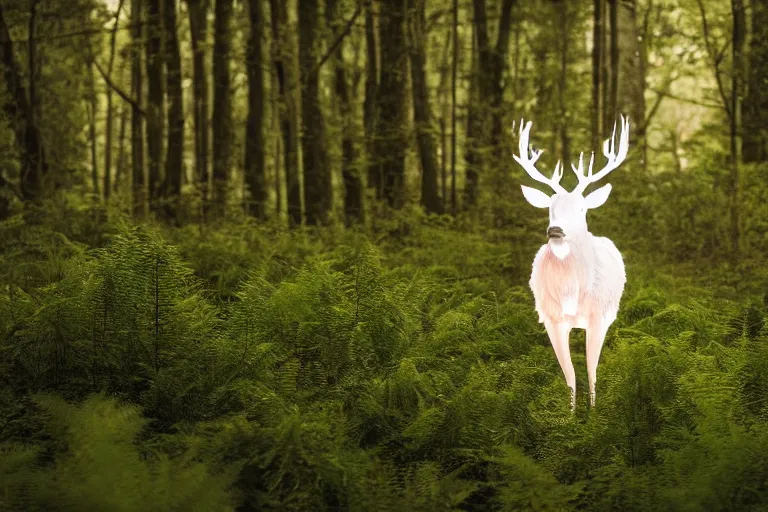 Image similar to a glowing white stag standing in ferns in the middle of the forest, at night