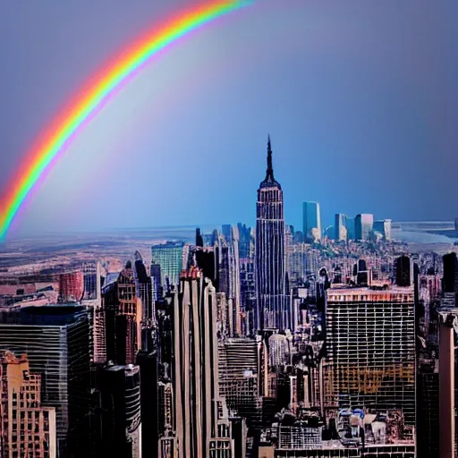 Prompt: rainbow with impossible color spectrum in the sky of new york city