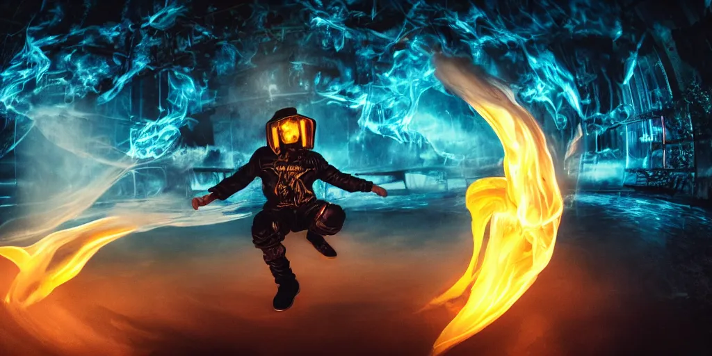 Image similar to VHS music video fisheye slow motion with honeycomb fire and smoke effect through a portal of futuristic break dancer wearing long dark cloak and golden helmet emitting fire and crystals, long exposure shot , enigmatic, at night half submerged by water, paddle of water, steam, fog, water splashes, rim lights, glossy reflections, water droplets on lens, octane render, Volumetric dynamic lighting, stunning cover magazine, high details, hajime sorayama