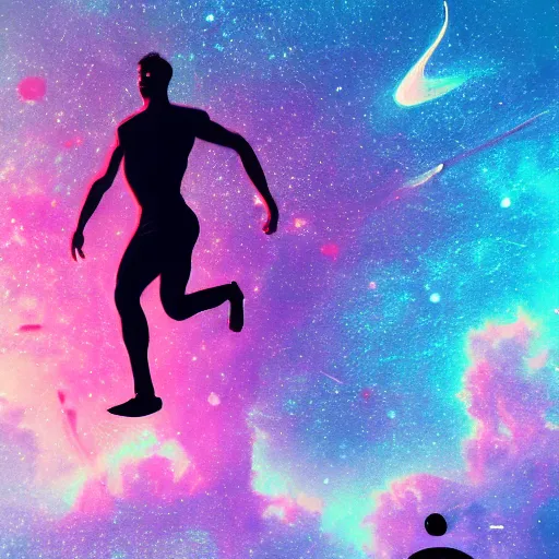 Prompt: athletic man, inspiring pose, floating, silhouette, long shot, in a cosmic nebula background, matte colors, very very very dramatic, inspiring digital art trending on artstation