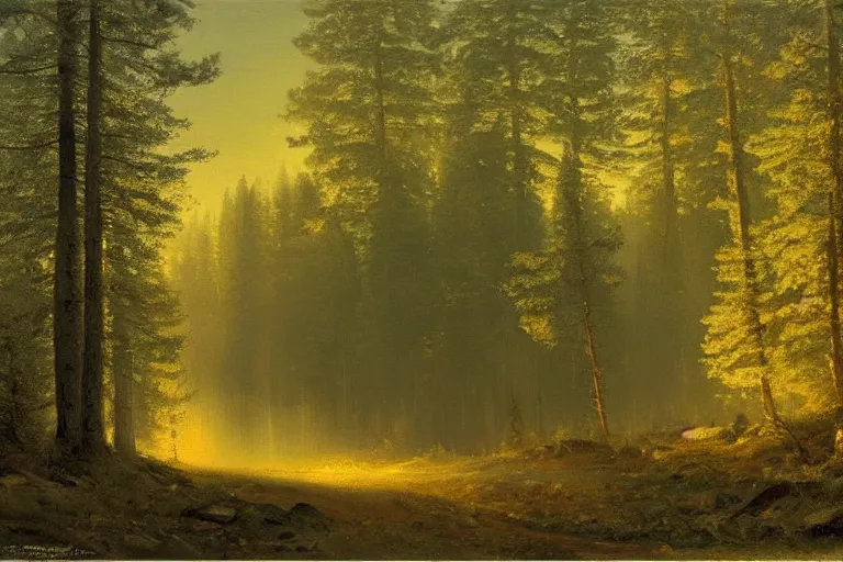 Prompt: A beautiful painting of The edge of the Russian forest in summer at night by Ivan Shishkin, Trending on artstation.