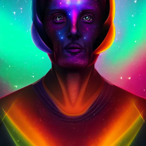 Image similar to portrait from a avian bird alien, feathers, synthwave, universe background, nebula, galaxy, artstation