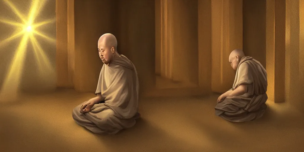 Prompt: distant monk sitting inside a peaceful temple while being illuminated by a ray of light, blissful, digital oil painting