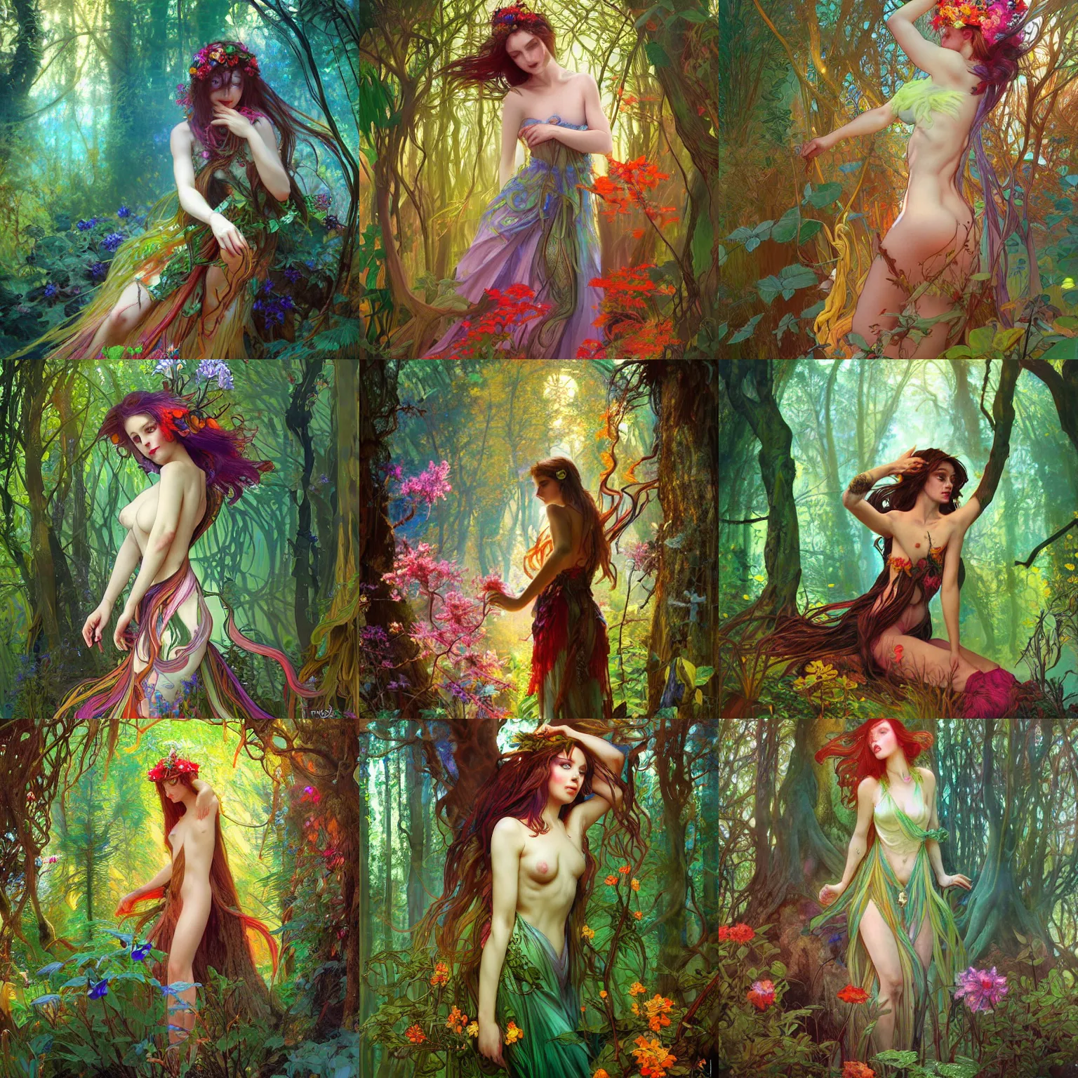 Prompt: dryad in the forest, uplifting, colorful, digital art, concept art, viktoria gavrilenko, wlop, xiaoguang sun, alphonse mucha
