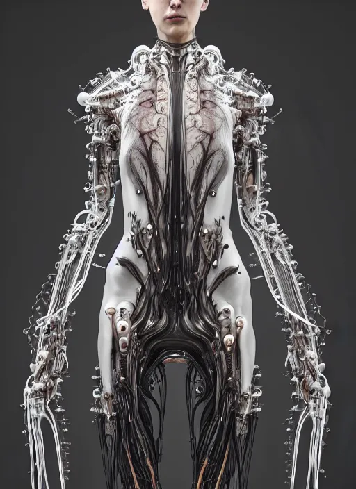 Image similar to iris van herpen gothic inflateble dark dress, perfect symmetrical body, helmet on face, full body shot, inflateble shapes, wires, tubes, veins, jellyfish, white biomechanical details, wearing epic bionic cyborg implants, masterpiece, intricate, biopunk, vogue, highly detailed, artstation, concept art, cyberpunk, octane render