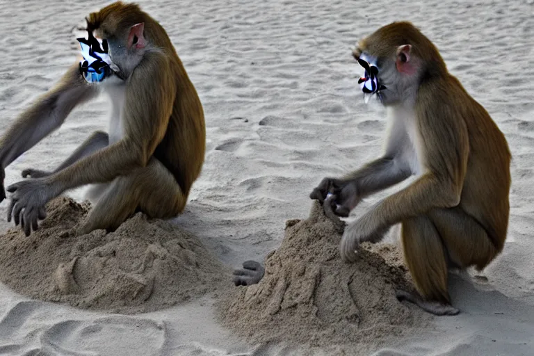 Image similar to a monkey touching a completed sand castle