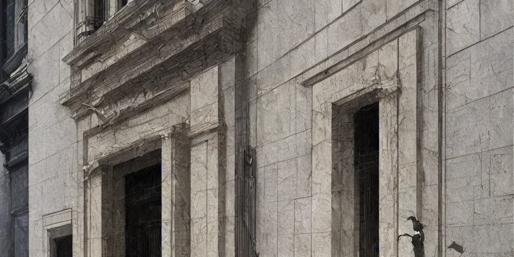 Prompt: wall street block facade. texture. textural. doors. street. art by greg rutkowski and william o'connor