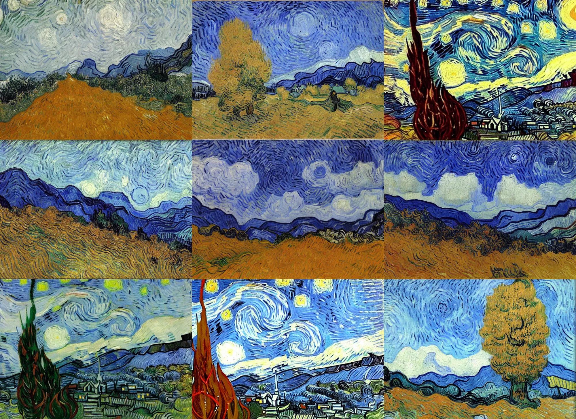 Prompt: autumn in the mountains, blizzard in the sky, portrait by vincent van gogh