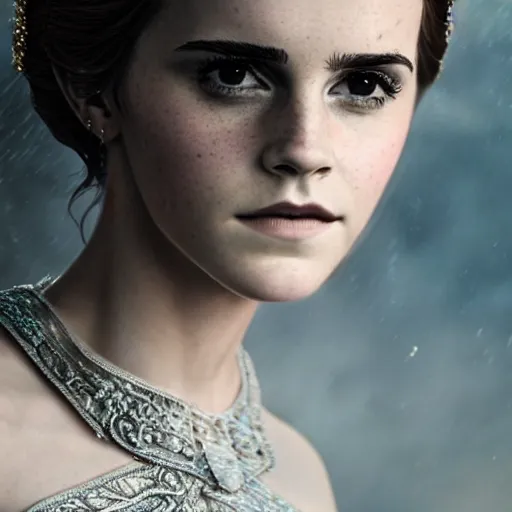 Prompt: a regal emma watson wearing an intricate and detailed armor made of ocean waves. layers. textures. delicate. elaborate. translucent. soft. ethereal. fragile. vulnerable. studio portrait. photorealistic. octane render