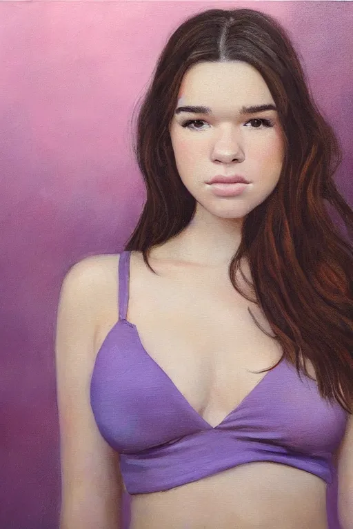 Prompt: Beautiful oil painting of Hailee Steinfeld with a chubby belly as Kate Bishop with a chubby belly by Titian and Chie Yoshii, portrait, Marvel, Hawkeye, blush, symmetrical face, intricate, face, blue iris eyes, black hair, elegant, light purple mist, highly detailed, dramatic lighting, sharp focus, clenched fist, Pitch Perfect, Bumblebee, trending on artstation, artstationHD, artstationHQ, unreal engine, 4k, 8k